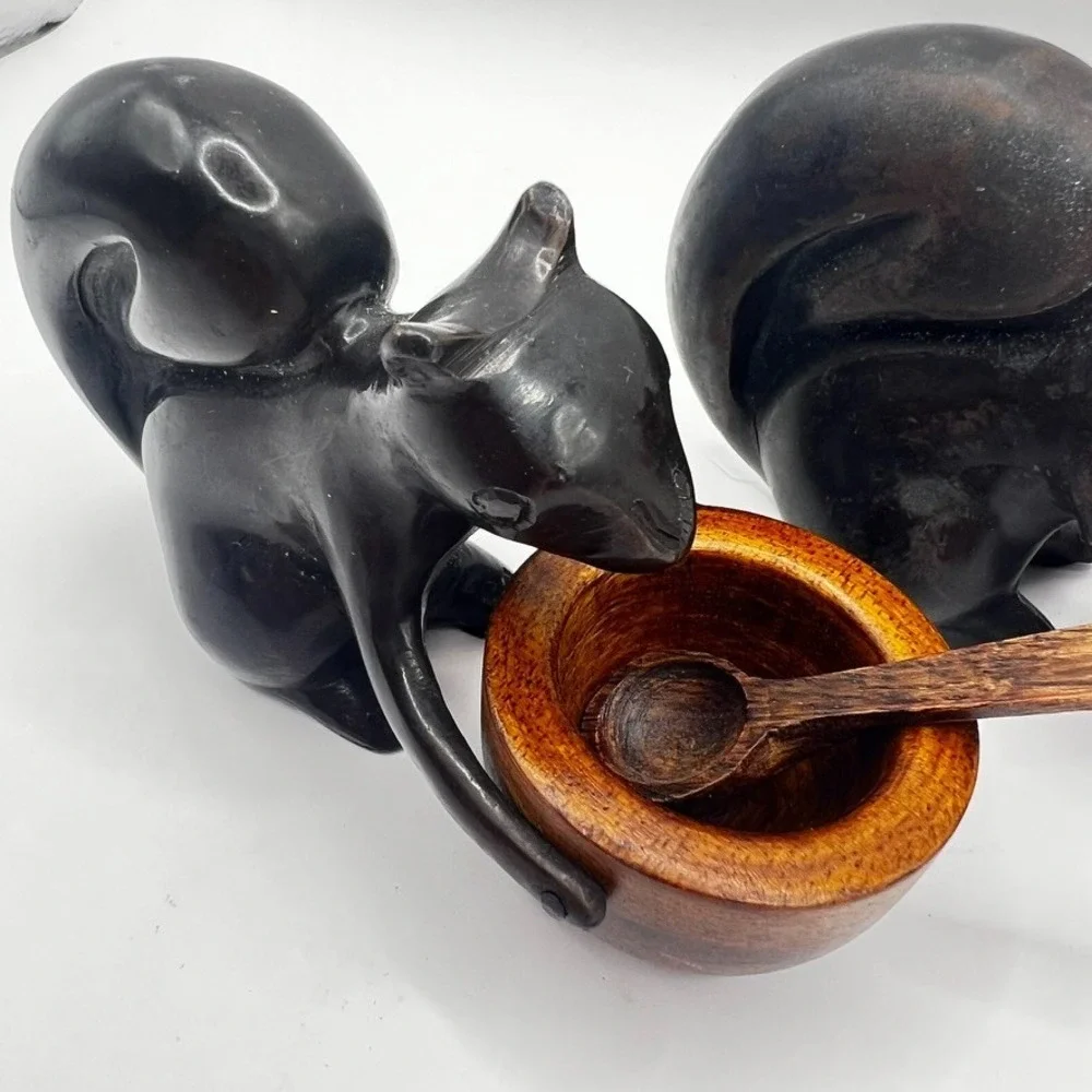2 Pottery Barn Salt Server Cellar Squirrel Mini Wood Serving Spoon Cast Iron